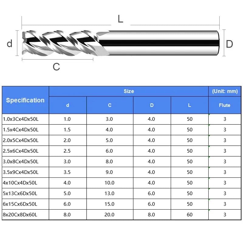 10 sztuk 1,0-8,0 mm, węglik wolframu, HRC55, 3-ostrzowy, frez płaski do aluminium, mechaniczne narzędzia CNC(3.5MM-10PCS)
