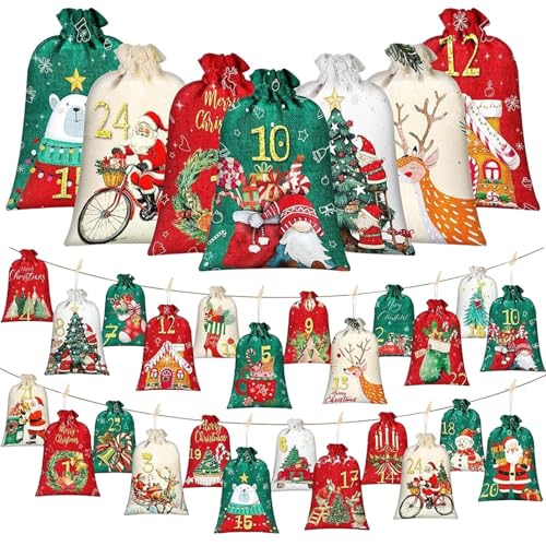 クリスマスバッグ - 24ポケット カウントダウンファブリックセット ツリー、キャンディ、ギフトの装飾用の番号付き収納バッグ |パーティー、誕生日、結婚式、休日、赤ちゃんのクリスマスカウントダウンの楽しみに最適です。