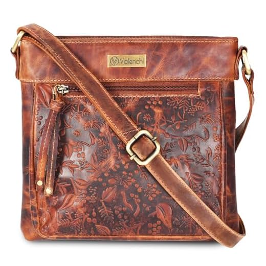 Bolsa de couro legítimo para mulheres - Bolsa de ombro para mulheres feita à mão por VALENCHI, Conhaque Vintage flor, Lb-02