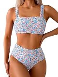 Fanuerg Women's High Waisted Bikini Sets Wide Straps Two Piece Swimsuit Blue Floral Print Bathing Suits S