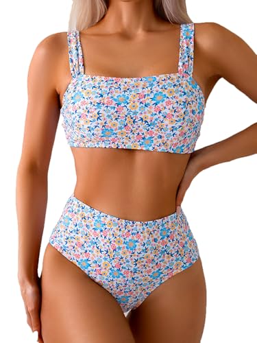 Fanuerg Women's High Waisted Bikini Sets Wide Straps Two Piece Swimsuit Floral Print Bathing Suits