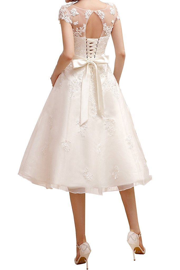 Robe de mariée trapèze avec appliques en dentelle Robe de mariée à manches courtes Robe de soirée