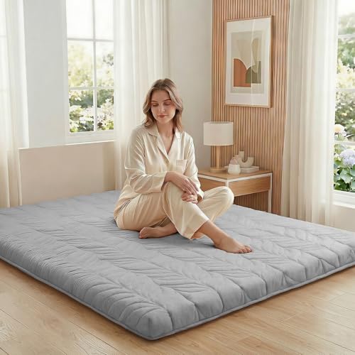 Image of ZonLi Japanese Floor Mattress Futon Mattress King Size, 4 inch Thicken Roll Up Tatami Mat 100% Cotton Washable Cover, Portable & Foldable Floor Bed Mattress for Sleeping, Dormitory, Adult, Grey