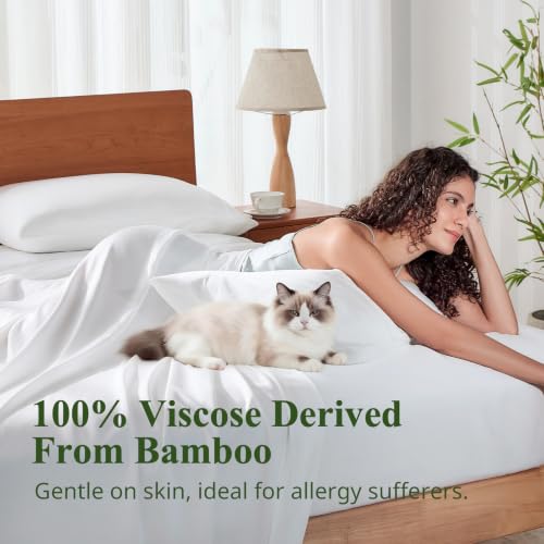Image of Full Size Sheet Set, Viscose Bamboo Sheets for Bed Set 4pcs, 100% Viscose Derived from Bamboo, Hotel Luxury Silky & Cooling for Hot Sleepers, Deep Pocket Up to 17 inch, White