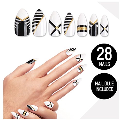 Tip Beauty Black Gold Fake Nail Kit, X Marks the Spot, Faux Nails for Women, Fake Nails, Glue on Nails, Instant Nails for Ladies, False Nails with Glue - MSRP $18