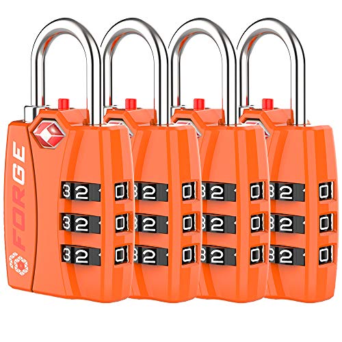 Forge TSA Luggage Combination Lock - Open Alert Indicator, Easy Read Dials, Alloy Body- Ideal for Travel, Lockers, Bags (orange 4pk)