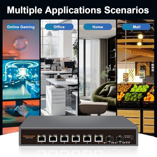 Image of 10Gbe Unmanaged Ethernet Switch with 6x10G Base-T & 2x10G SFP+ Uplink, 1000M /2.5G /5G /10G Compatible, Fanless Metal Plug & Play, Ideal for NAS, Desktop /Wall Mount for Home Network and Industrial