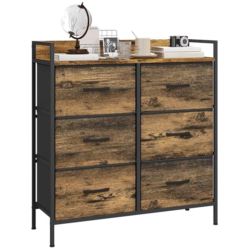 HOMCOM Cómoda con 6 Cajones Plegables, Cajonera de Tela con Estructura de Acero, Estilo Industrial, Cómoda para Dormitorio, Pasillo, Marrón Rústico