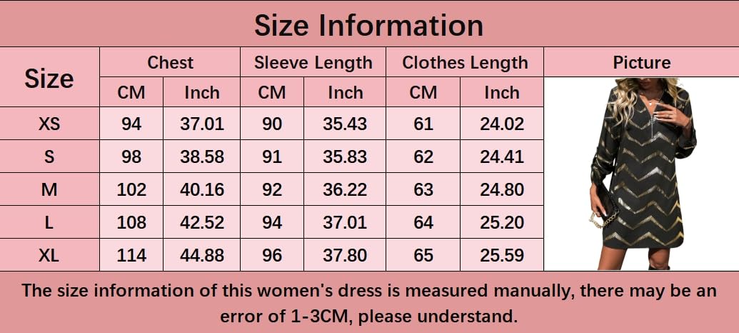 Vestido de Mujer Elegante, Vestido Informal Manga Larga Mujer Elegante con Escote en V Estampado Chevrones Metalizado y Bronceado Dress Otoño Vestido Corto Holgado Atuendo Moderno para Ofici