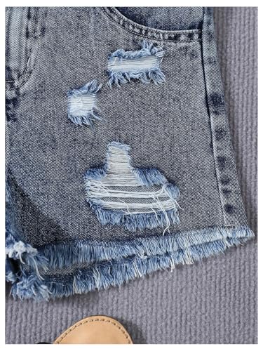 Image of Floerns Girl's Ripped Raw Hem Elastic Waist Straight Leg Denim Shorts with Pockets