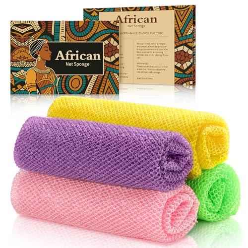 SpiralScgv 4-Pack Authentic African Net Sponge - Exfoliating Body & Face Scrubber, Travel Portable, Durable & Gentle Exfoliation(Yellow,Pink,Purple,Green)