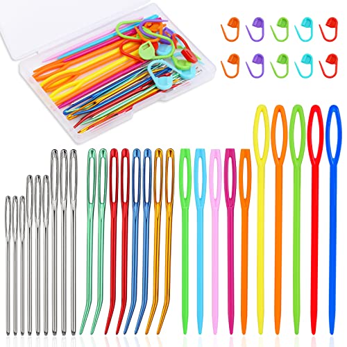 Lot de 37 aiguilles à laine Aiguilles à repriser Aiguilles à tapisserie Aiguilles émoussées à gros chas et aiguilles à coudre pour crochet avec marqueurs de point et boîte de rangement