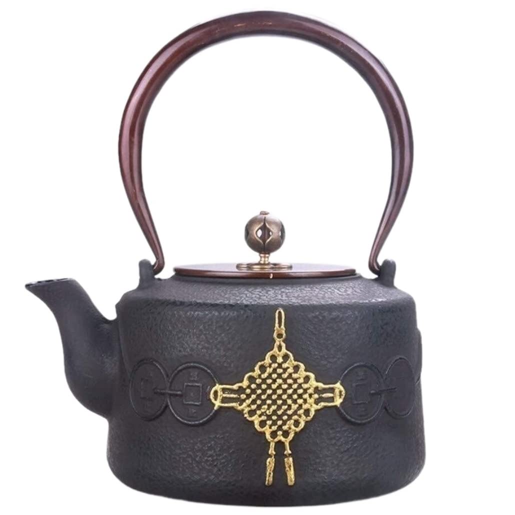 Theiere Fonte Théière Japonaise Théière En Fonte 1.4L Théière Eau Bouillante Service À Thé Théière À La Main Poignée En Cuivre Non Revêtu Couvercle En Cuivre Or Théière en Fonte Theiere Japonaise