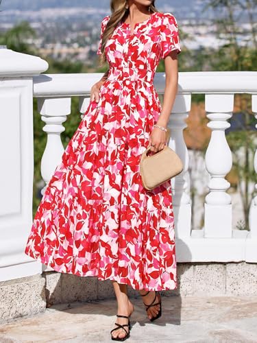 Image of BTFBM Womens Summer Floral Maxi Dresses V Neck Short Sleeve Boho Casual Flowy Long Wedding Guest Dress Beach Vacation