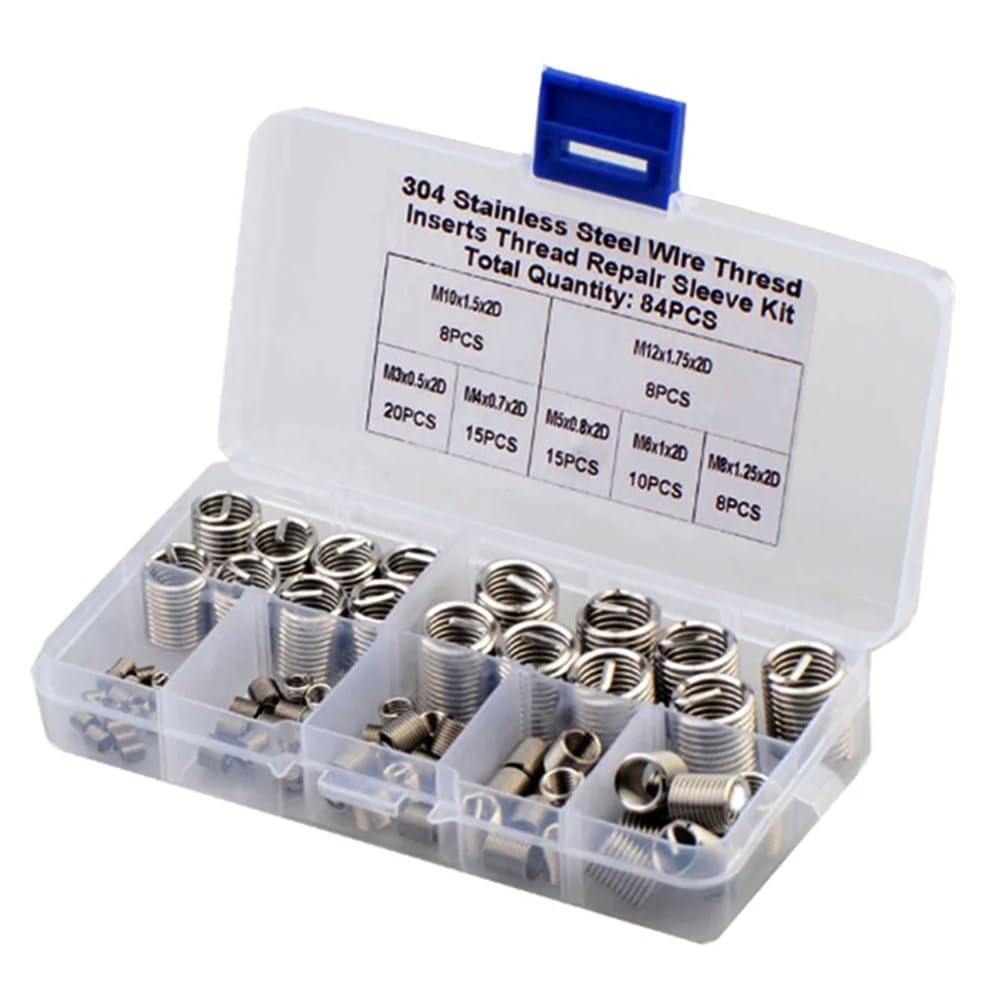 Kit assortimento di inserti filettati for riparazione di viti elicoidali in acciaio inossidabile 304 da 84 pezzi, M3, M4, M5, M6, M12