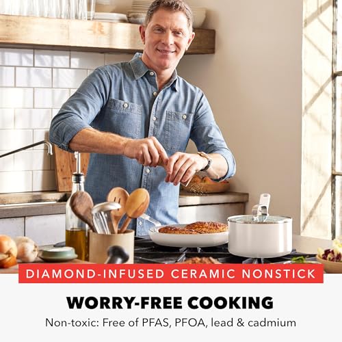GreenPan x Bobby Flay 13 Piece Nonstick Cookware Pots and Pans Set, PFAS-Free Diamond Ceramic, Induction Suitable, Easy Clean Dishwasher & Oven Safe, Stay-Cool Silicone Handles, Glass Lids, Cream - Image 3