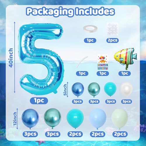 Image of 40 Inch Number 5 Balloon Blue Ocean Under the Sea Number Five Foil Balloons Tower with Shark Bubble Fish for Boys 5th Birthday Party Decor Blue Green Underwater Digital Aluminum Balloons Stack