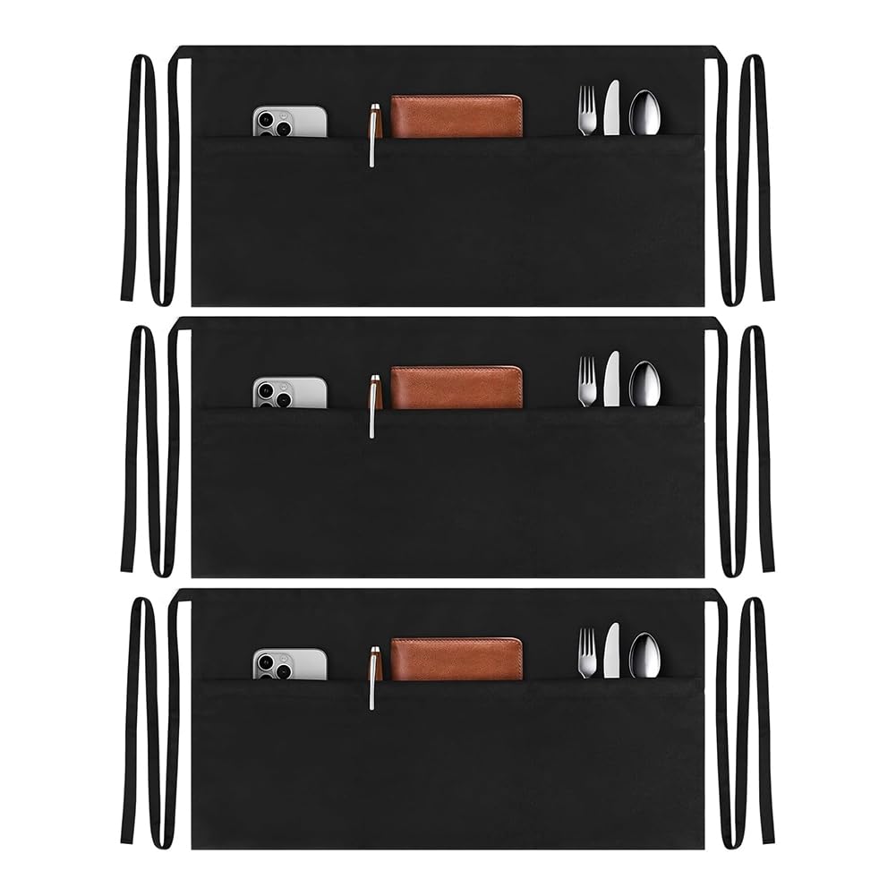 CTRLZS 3 Pack Server Aprons with 3 Pockets Black Waist Aprons for Women Men Restaurants Cafes Bars Home Kitchen Apron with Long Waist Strap Reinforced Seams