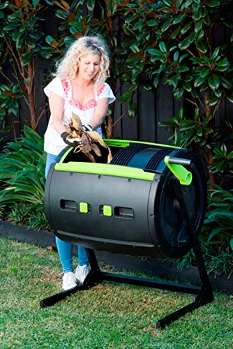 Two Stage 65 gal Compost Tumbler with Large Double Doors and Open Frame and Comes with Maze Compost Cart, 1.85 Gal Kitchen Caddie Compost Bin, 3 Rolls of Corn Bags and a Retractable Plant Caddie