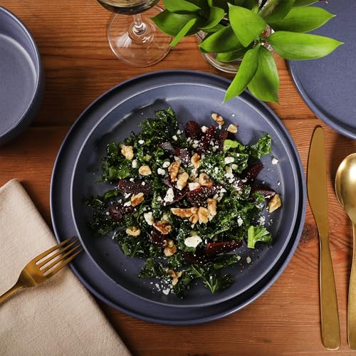 Image of Gibson Elite Bayou Moon Plates and Bowls Sets, 16-Piece Blue Matte Stoneware Dinnerware Sets, Solid Color Reactive Glaze Dish Set