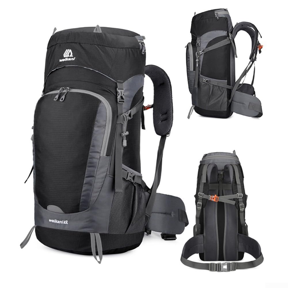 Zaino da trekking da 65 litri con copertura antipioggia, in nylon impermeabile, per sport all'aria aperta, campeggio, trekking, viaggi, retro in rete traspirante, cinghie regolabili, nero (blu scuro)