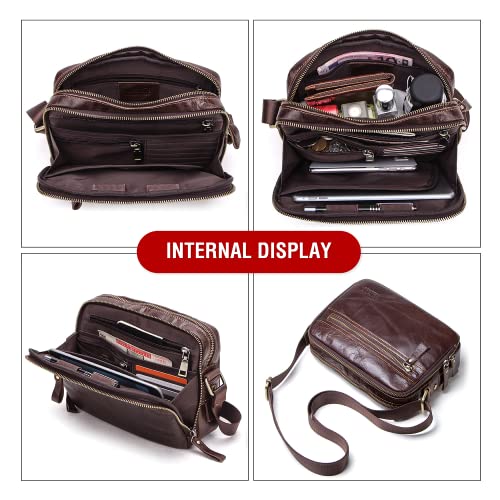 Top Grain Genuine Oil Leather 8.3" Crossbody Bag For Man & Woman, Multi Pockets & Adjustable Strap, Retro Handmade Fits 7.9" Ipad, Portable Messenger Bag For Daily/Business/Travel Use, Red Coffee #TOP7
