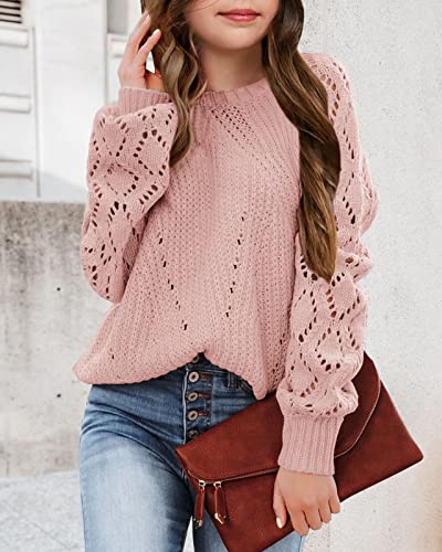 Newffr Girls Crochet Hollow Out Crewneck Long Sleeve Lightweight Knit Sweaters Pullover Jumper Kids Soft Tops2