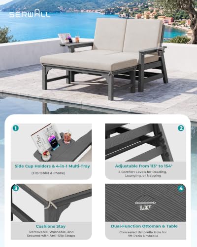 Image of SERWALL 2-in-1 Convertible Sofa Daybed with Cushions & Ottoman Table Set | HDPE 4-Position Reclining Outdoor Patio Lounge Chair, 4-in-1 Cup Holder Daybed Sofa Furniture, Grey Frame with Khaki Cushion