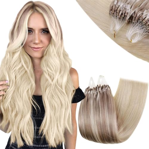 RUNATURE Blonde Micro Human Hair Extensions Ombre Micro Loop Hair Extensions Real Human Hair Blonde Balayage Micro Ring Hair Extensions Real Human Hair 18 Inch 50g