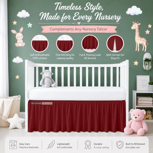 Image of Cotton Crib Bed Skirt Dust Ruffle with Split Corners, 14 inch Drop, Burgundy | Nursery Standard Crib Bedding Bed Skirt for Baby Boys and Baby Girls. Hides Under-Crib Storage for a Neat Appearance