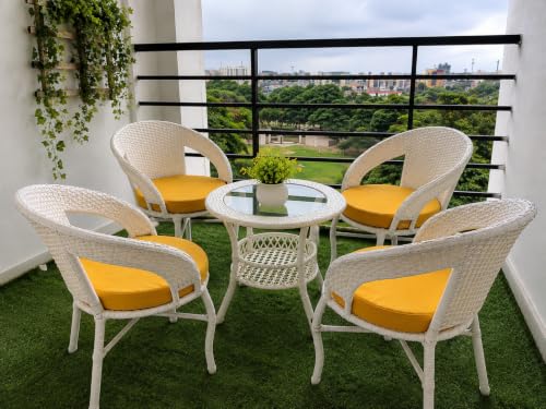Image of Outdoor Wicker Patio Furniture Set, 4 Chairs & 1 Table with Cushions, for Balcony, Bedroom, Garden, Lawn, Porch & Terrace, Glass-Top Table, Cream Chair & Yellow Cushion