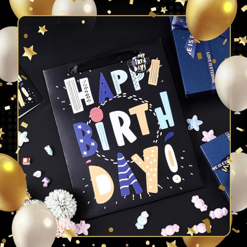 Image of 13 inch Black Happy Birthday Bag with Tissue Paper and Greeting Card for Party,Happy Birthday Gift Bag for Men Women,Gift Bags Medium size (1 PCS Black, Gift Bag)
