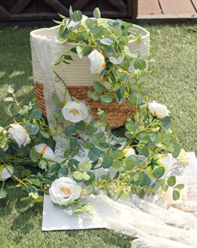 Der Rose 2 Pack 13Ft Artificial Eucalyptus Flower Garland With Fake Silk Rose Flower Vine Seeded Eucalyptus Leaves Greenery Garland For Wedding Arch Table Wall Backdrop Party Room Decor (White) #TOP5