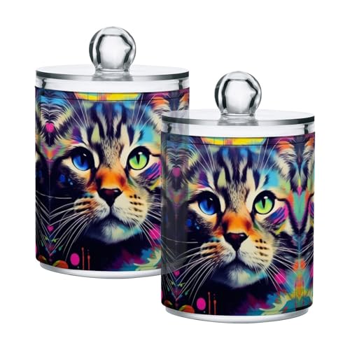 PaChyLuu Painted Cat Apothecary Jar with Lid, 10oz Clear Plastic Storage Jar for Bathroom, Qtip Holder Organizer for Cotton Balls, Swabs, Pads, 2 Pack