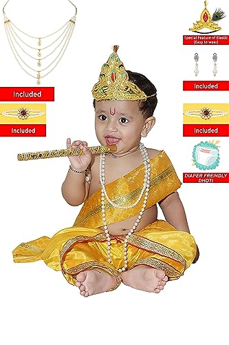 Image of Raj Fancy Dresses Shri Krishna Dress for Baby Boy & Girl, Janmashtmi Dress with Diaper-friendly Dhoti & Dupatta, Mor Pankh Mukut,RFD-BKP- 4, 3-Months