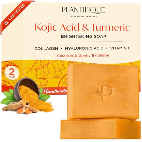PLANTIFIQUE Jabón de Curcuma y Acido Kojico, 2 Barras con Vitamina C, Ácido Hialurónico y Colágeno - Jabon Cara para las Manchas - Turmeric & Kojic Acid Soap, 160g