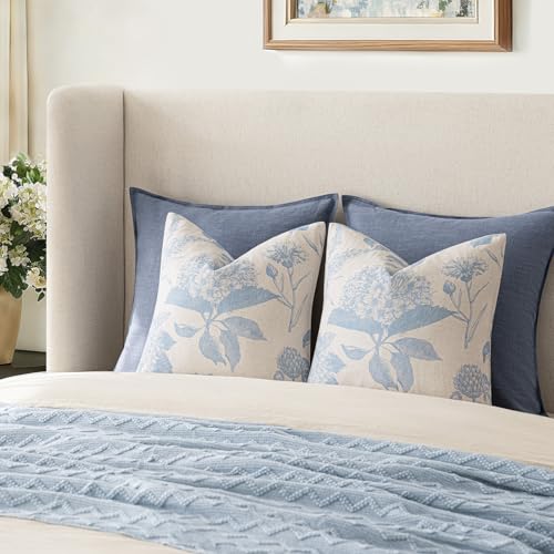 Image of Foindtower Set of 2 Linen Floral Vintage Throw Pillow Covers Neutral Accent Decorative Cozy Cushion Covers Farmhouse Boho Home Decor for Sofa Chair Couch Bedroom Living Room,22x22 Inch,Sky Blue