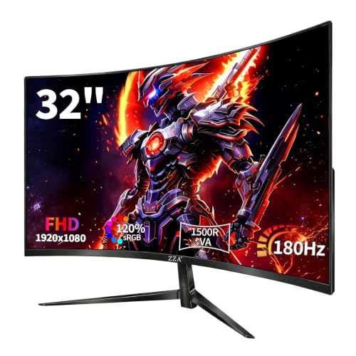 Image of ZZA 32 Inch Curved Monitor 180Hz Gaming Computer Monitor FHD 1920x1080p VA Panel 1500R Curvature, Supports AMD FreeSync, HDR10, HDMI and DisplayPort, 120% sRGB Color Gamut, 1ms Response Time, Black