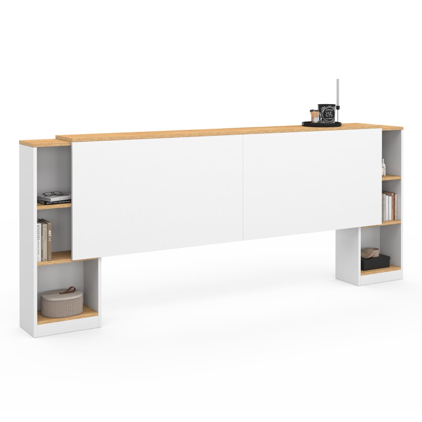 IDMarket CATBA - Cabecero extensible con mesita de noche deslizante para cama 140 y 160 cm, color blanco y madera