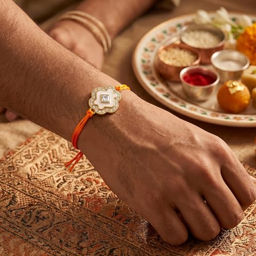 Image of Mahi Elegant Floral Rakhi for Brother with White Enamel and Studded Crystals (RA1100870G)