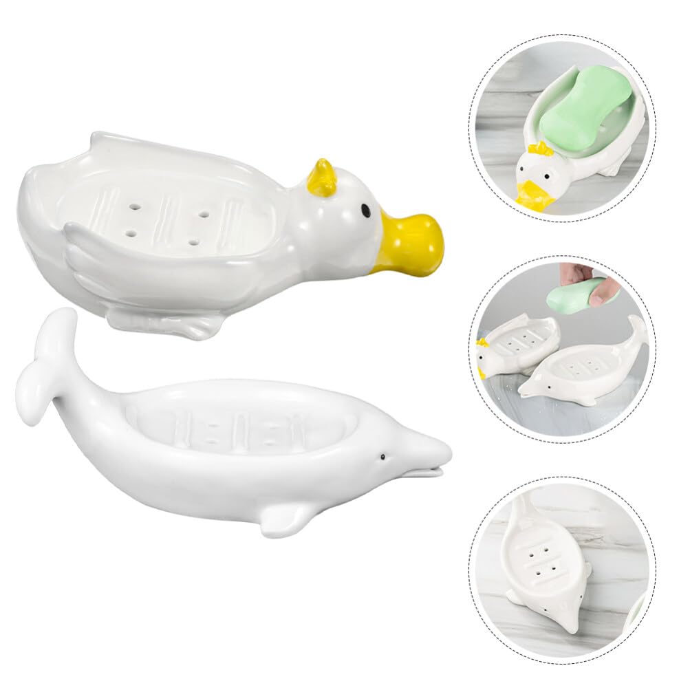 Jabonera Decorativa de Cerámica Forma de Mamífero Marino 2 Piezas | Blanco, Autodrenante para Baño y Ducha, también Sirve para Joyas y Esponja