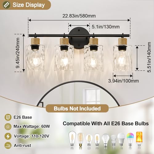 Image of MOKATNG Bathroom Light Fixtures, 4-Light Coastal Vanity Lights with Crystal Glass Shade, Black Bathroom Wall Lamp for Mirror Kitchen Hallway Cabinet