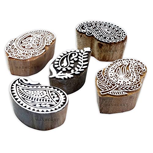 Wooden Printing Stamp Paisley Designs Wood Pottery Block Handmade Wood Printing Stamps for Kids' Art Projects Textiles Fabric Clay Henna Tattoo [ Set of 5 ] HASHCART®