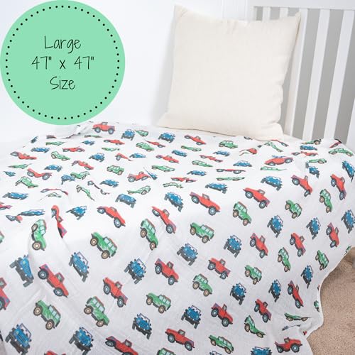 Image of LollyBanks Muslin Swaddle Blankets, 100% Cotton Baby Boy Blanket 47 x 47 Inches, Soft Baby Swaddle Breathable, Muslin Blankets for Boys, Newborn Essentials, Registry (Vehicle Print)