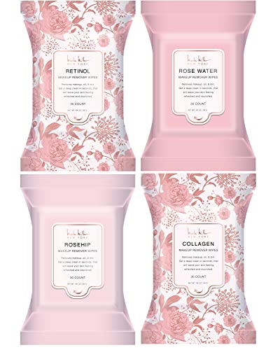 Nicole Miller 4 Pack Facial Cleansing Wipes (30 Count Each) , 120 Facial Cleansing Cloths, Removes Makeup, Mascara, Dirt and Oil (Retinol, Rose Water, Collagen, & Rosehip)