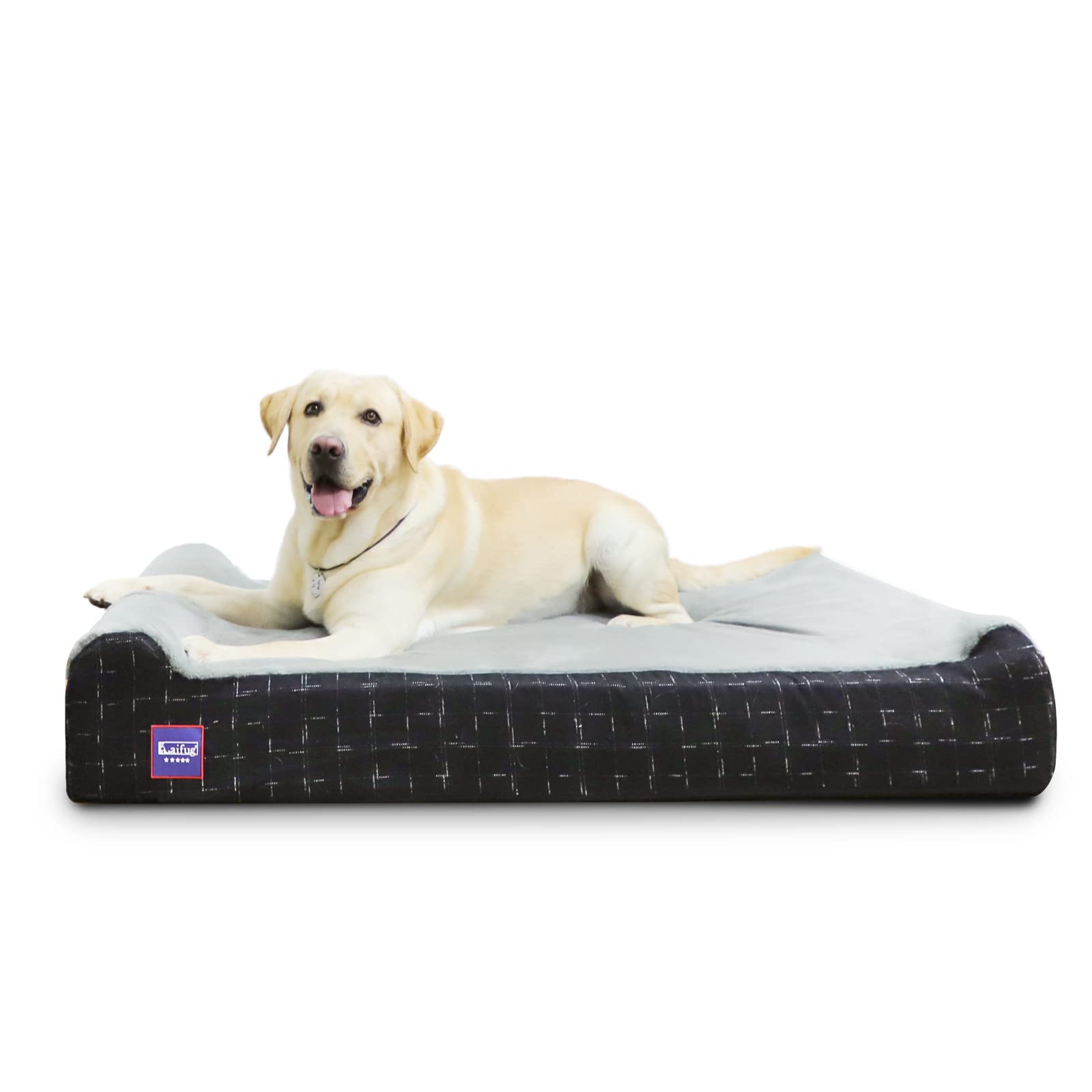 (similar to stock photos, size unknown)laifug orthopedic memory foam extra large dog bed with pillow and durable water proof liner & removable washable cover & smart design (black grid gray