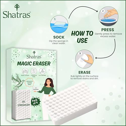 Image of Shatras Magic Eraser Cleaning Sponge - Multipurpose Melamine Foam Stain Remover Foam for Walls, Kitchen, Bathroom, Tiles & Shoes | Just Add Water Stain Remover (Pack of-4)