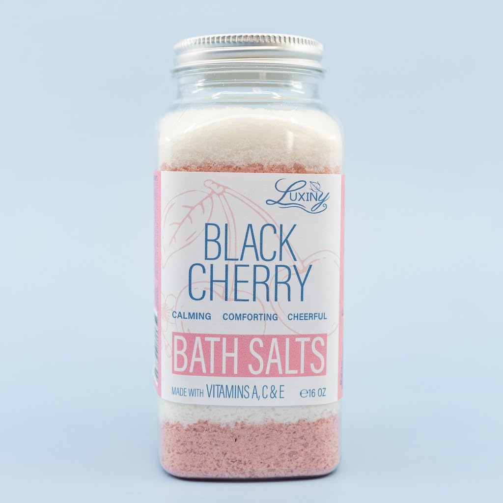 Bath Salts for Women, Relaxing Sea Salt Bath Soak with Moisturizing Almond Oil, and Fragrance Oils Made in The USA by Luxiny, 16 oz. (Black Cherry)
