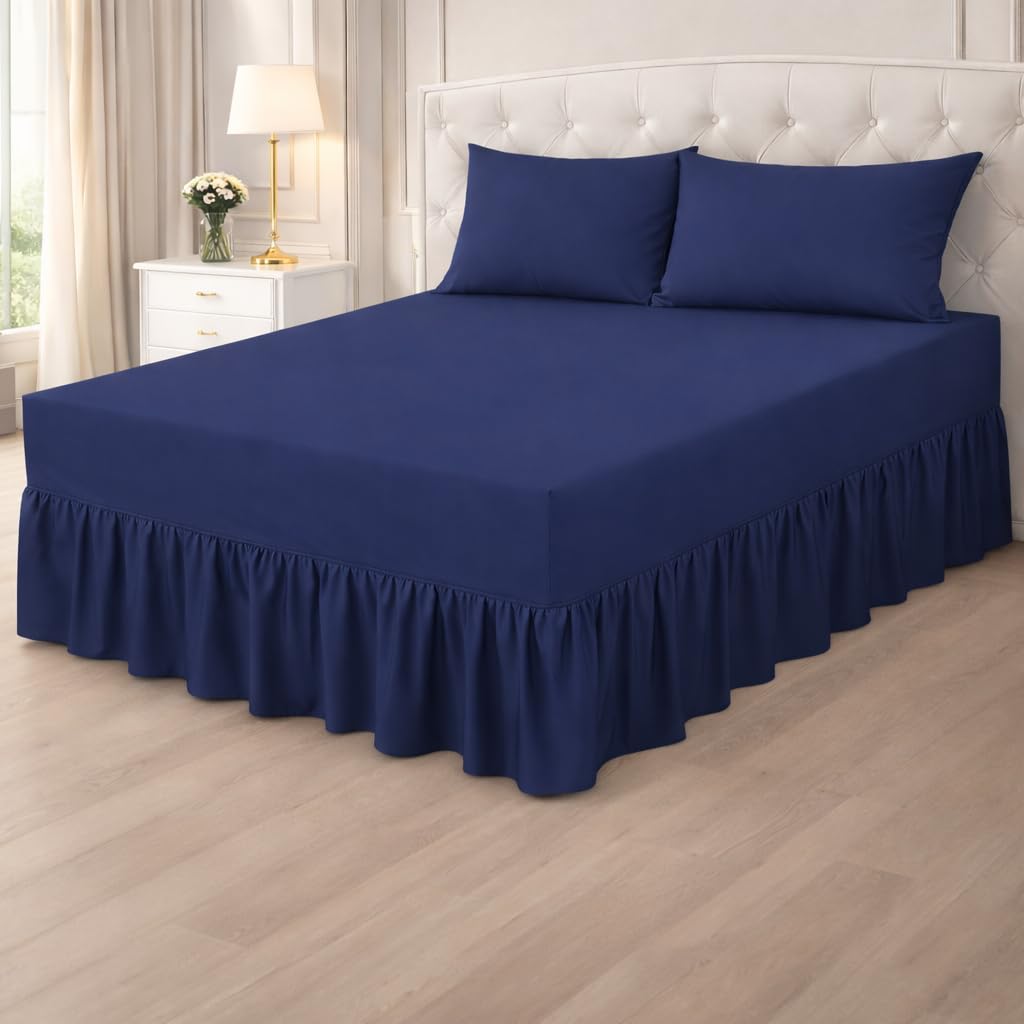 Plain Poly cotton Extra Deep Frilled Valance Fitted Sheets, Easy Case Fitted Valance Sheets in 14 Attractive Colors, Percale Quality Fitted Valance Sheet (Navy blue, Super king)