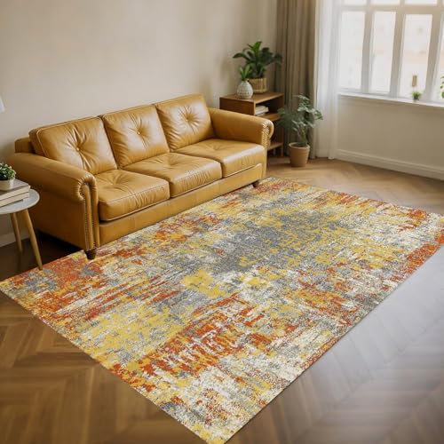 Tapis antidérapant lavable abstrait orange et gris grand format salon - 2